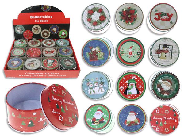 2.95in Xmas Character Candy Tin in Dsp. 1.97in(H).12 Dsp. 12 Styles Dsp. Sale