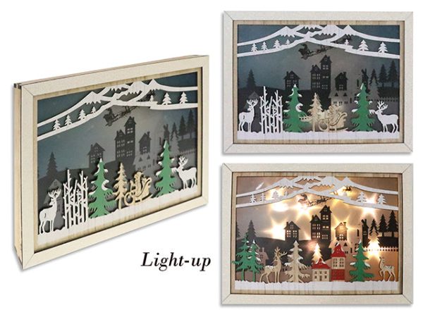 10.85in x 7-7 8in B O 8-LED Xmas Snowy Village Decor w Glitter Border. 2 Asst.Styles. Cht. For Sale