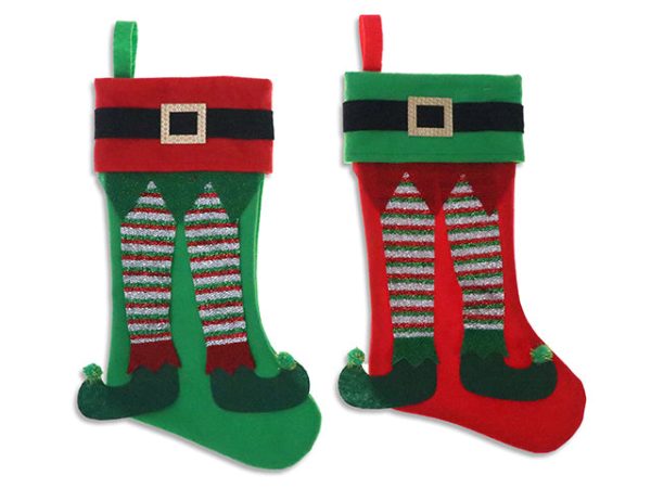 19in Felt Dangling Tinsel Leg Elf Stocking w 4.5in Santa Suit Fold Over Cuff. 2 Asst. J-Hook w Cht. on Sale