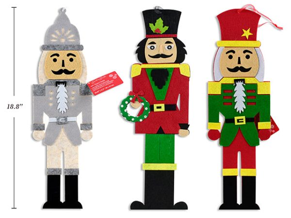 18-7 8in x 5.5in Xmas Felt Jointed Glitter Hanging Nutcracker w Organza Hanger. 3 Asst.Styles. Cht Discount
